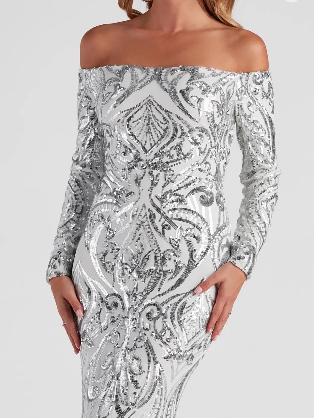 Off-Shoulder White Sequin Evening Dress